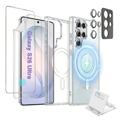 Funda Magnético Para Samsung Galaxy S26 Ultra+ Mica Pantalla+ Pantalla De Hidrogel+ Protector Lente Cámara+ Soporte,carcasa Trasera Protectora Transparente,antiamarilleamiento Tpu + Pc