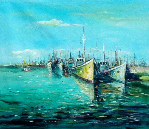 Cuadros Barcos Verde Tuquesa Mar 60x70 Pintado A Mano 81