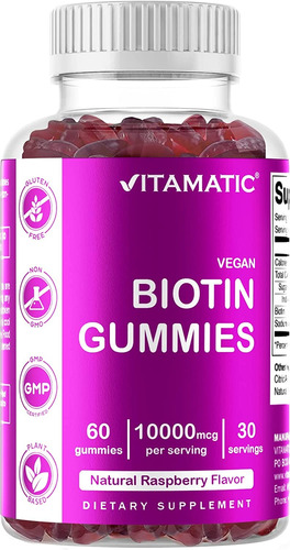Vitamatic Gomitas De Biotina 10,000 Mcg Para Cabello Más Fuerte, Piel Y Uñas, 60 Gomitas Veganas, También Llamadas Vitamina B7