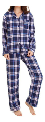 Pijama Feminino Flanela Xadrez Azul 100% Algodão