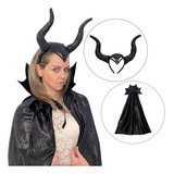 Kit Fantasia Malévola Halloween Super Luxo Tiara+capa Oferta