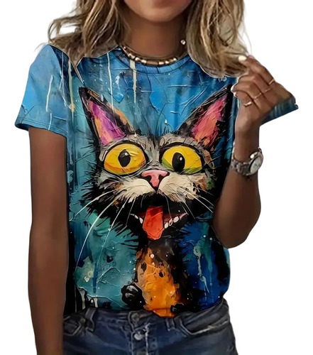 Camiseta Mujer Estampado Gato Animados Tallas Amplias