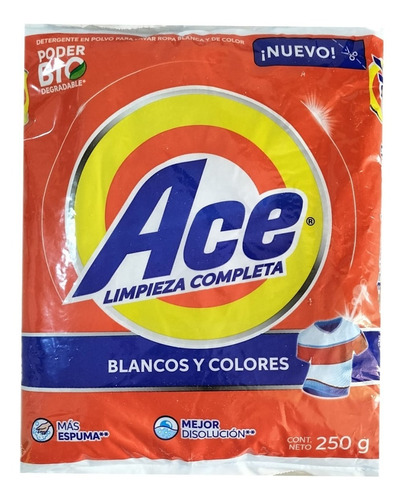Detergente Polvo Ace Limpieza Completa 250 Gr