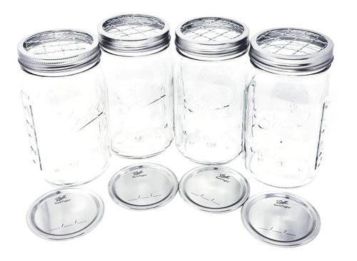 4 Frascos Ball Mason Jars (32 Oz Wide) Y 4 Rejillas Ball