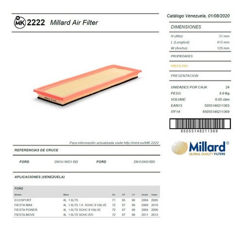 Filtro Aire Millard Mk2222 Ford Eco Sport Fiesta Max Power Foto 3