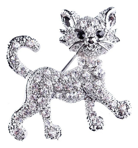 Hermoso Broche Forma De Gato Grabado Con Cristal Swarovski