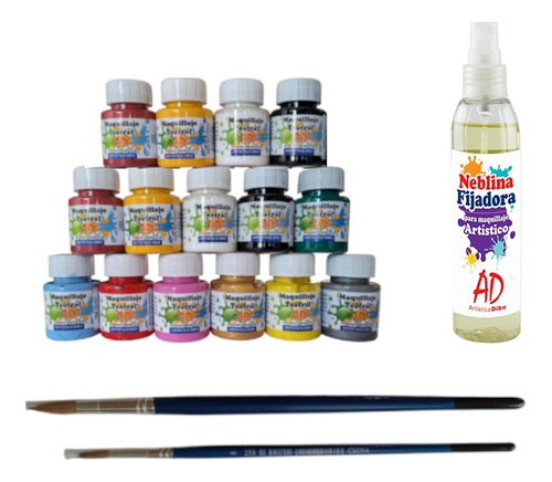 Kit Set Maquillaje Artístico 15 Colores + Pinceles + Fijador