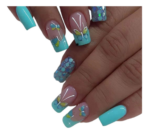 Uñas Postizas Press On Adheribles 24 Tips Mariposa Azul