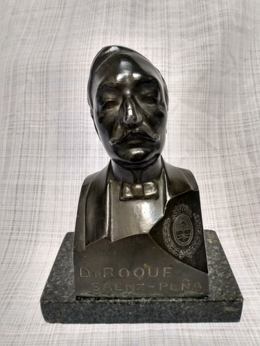 Antiguo Busto Pte. Roque Saenz Peña Petit Bronce Con  Escudo