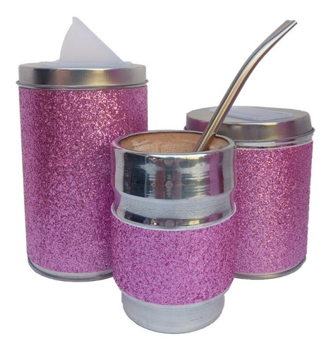 Set Matero Glitter X4 Yerbera Azucarera Bombilla Mate Madera