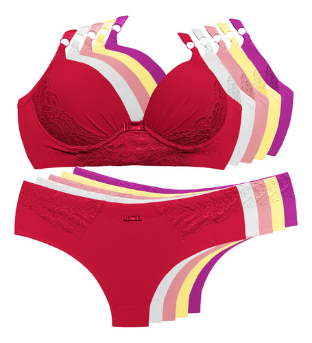 Kit 5 Conjuntos Calcinha Sutiã Bojo Renda Lingerie Plus Size