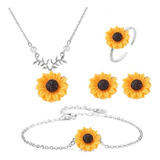 Juego De Collar, Aretes, Anillo Y Brazalete Diseño Girasol