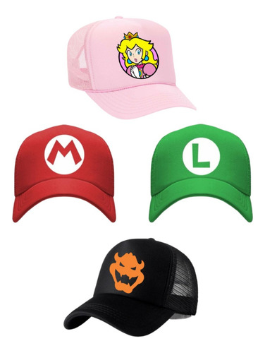 Pack De Gorras X 4 Mario Bros, Luigi, Bowser, Princes Peach 