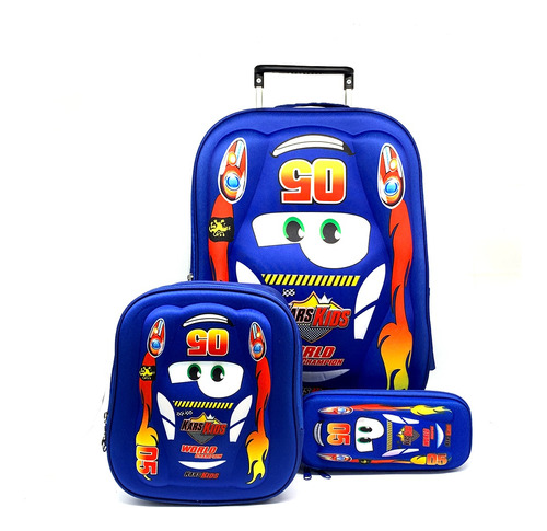 Kit Mochila Infantil Com Rodinhas Desenho Carros 3d