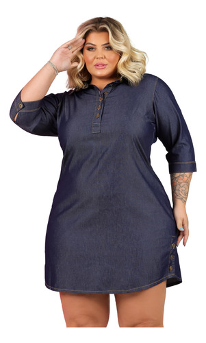 Vestido Feminino Plus Size Jeans Manga 3/4 Camisão Sem Lycra