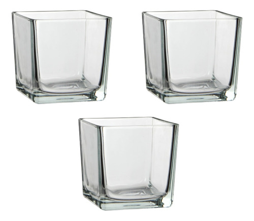 3 Vasos  De Vidro Quadrado Transparente 6x6 Cm Decoração