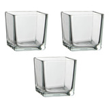 3 Vasos  De Vidro Quadrado Transparente 6x6 Cm Decoração