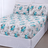 Jogo De Lençol Elástico Casal Queen 3 Pc Estampado Cama Box Cor Flor Azul Desenho Do Tecido Estampas