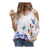 Tops Playera Corta Con Estampado De Mariposas Y Cu De Manga