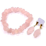 Pulseira + Brincos Quartzo Rosa Pedra Do Brasil Natural F45