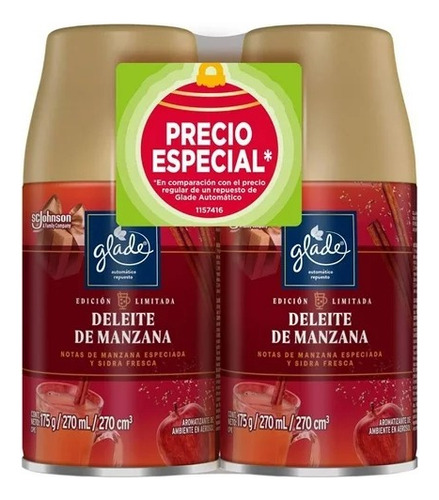  Kit 2 Aromatizante Glade Automático Repuesto Manzana 270 Ml