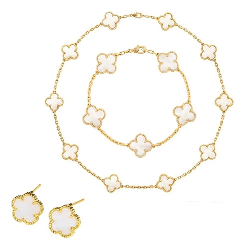 Colar Conjunto Pulseira + Brincos Folheados 18k Madre Pérola