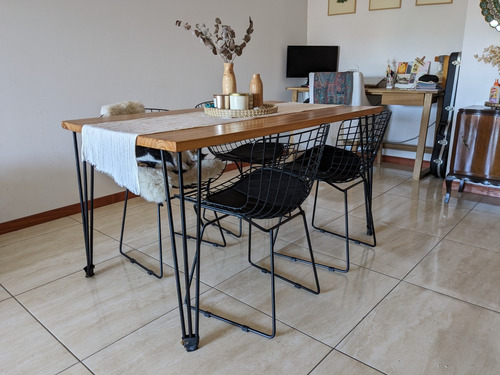 Mesa Comedor Paraíso Macizo Patas Hairpin + 4 Sillas Bertoia