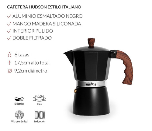 Hudson Moka Cafetera Aluminio Esmaltado Negro Tipo Italiana Induccion 6