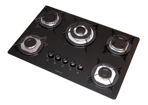 Cooktop 5 Bocas Tripla Chama Mesa Vidro Preto Fogatti Inox