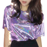 Camiseta Top Blusa Metalico Brillante Manga Corta Moda Mujer