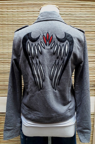 Campera Moto Daryl Rock Bordada Alas Simil Cuero Gris