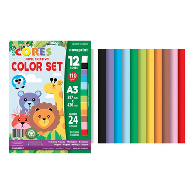 Bloco Papel Criativo A3 12 Cores 24 Folhas 110g Novaprint Cor Colorido Liso | Frete grátis
