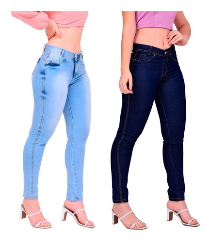 Kit 2 Calça Jeans Feminina Cintura Alta Com Lycra