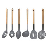 Set 6 Utensilio Blanco Nylon Mango Madera Hudson Cocina Fcg