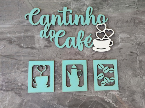 Placa Cantinho Do Café Mdf  Azul Tiffany E Xicara Branca Kit