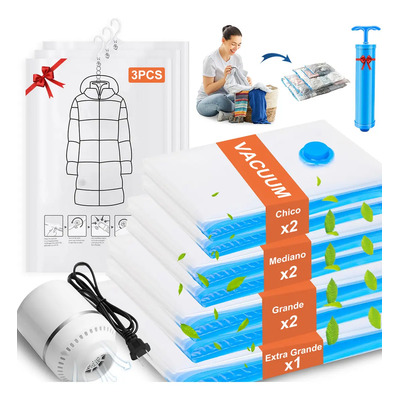 Bolsas Almacenamiento Al Vacio+Bomba Eléctrica\u002FManual,Bolsa Colgante Al Vacío,Bolsas De Vacío Reutilizables De Viaje,Adecuado Para Ropa, Edredones, Mantas, Ahorro De Espacio Profesional,10+2Pzs | Envío gratis
