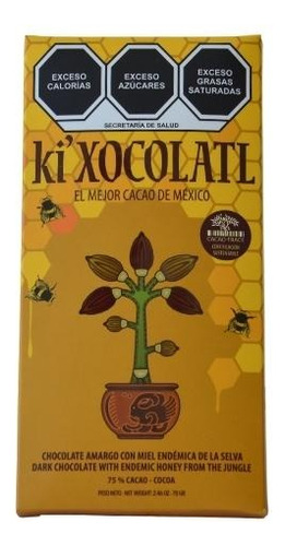 Chocolate Amargo, 75% Cacao Criollo Con Miel, Amaranto, Chia