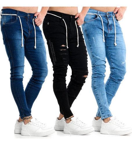 Kit Calça Jeans Masculina Skinny Rasgada Zíper Lycra Slim
