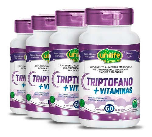 4 - Triptofano C/ Vitamina B6 Unilife - 60 Cápsulas De 500mg