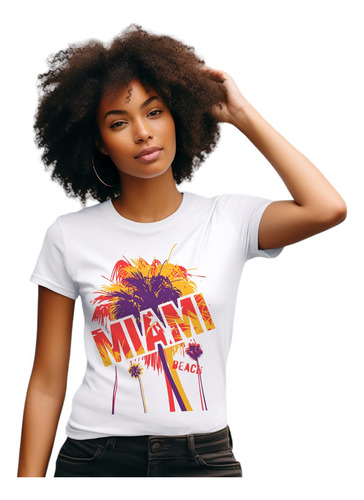 Camiseta Feminina Branca Miami Palmeira Beach Praia Mar