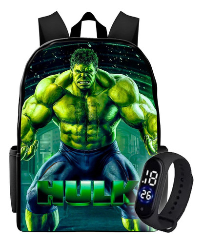 Mochila Escolar Verde Incrível Hulk Bolsa E Relógio Aulas