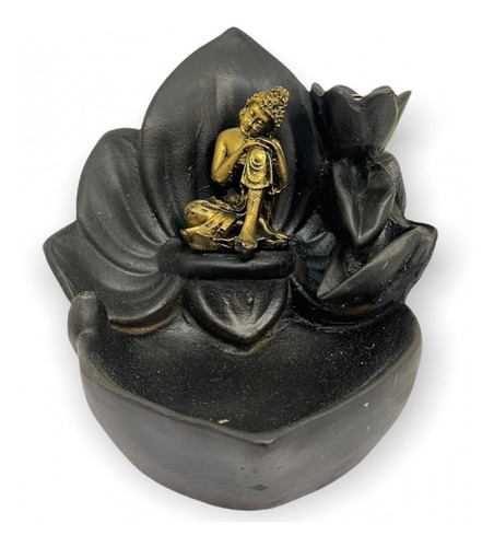 Incensário Cascata Buda Ajoelhado Dourado Preto 10cm