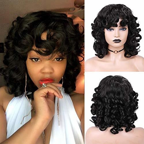 Peluca - Short Curly Wigs With Bangs Black Afro Kinky Curly 