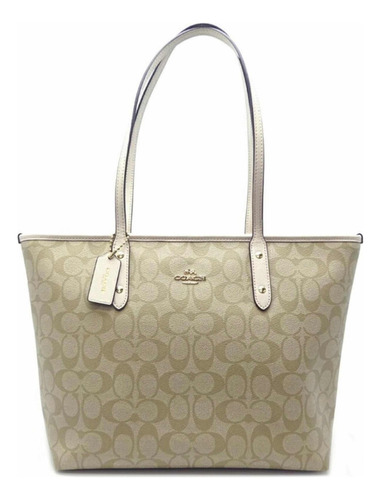 Bolsa Coach Dama City Tote Dark Brown Con Botón Acabado De Los Herrajes Níquel Color Beige Correa De Hombro Beige Diseño De La Tela Rayado