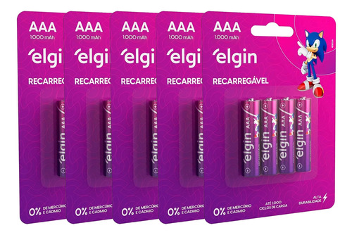 Pilha Palito Aaa Recarregável 1000mah Elgin 20un 5 Cartelas