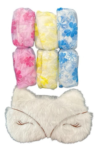 Antifaz Para Dormir Diseño Gatito De Felpa + 6 Gorros Ducha