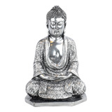 Buda Meditação 20cm Médio Homem Gesso Prata Decoração