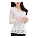 Blusa Casual Manga Larga Encaje Crochet Elegante Top