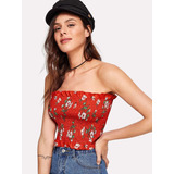 Croptop Rojo Elasticado  Estampado Flores Shein