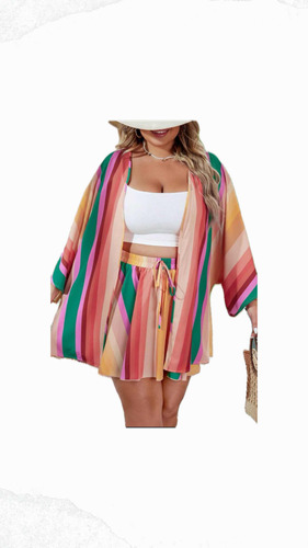 Conjunto Kimono E Saia Colorido Estampado Plus Size